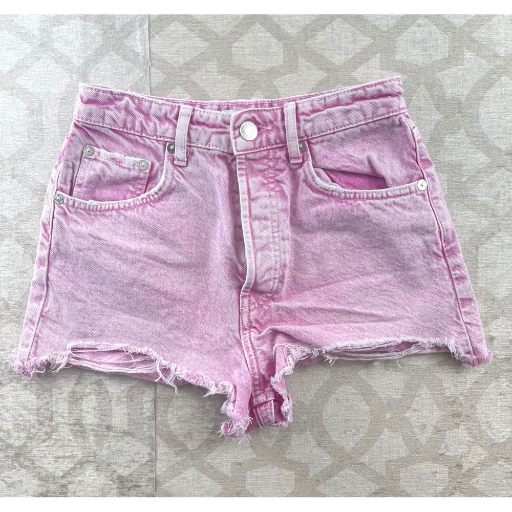 Zara Pink Acid Wash High Waisted Denim Cut Off Shorts Button Fly Size 4 5520/112